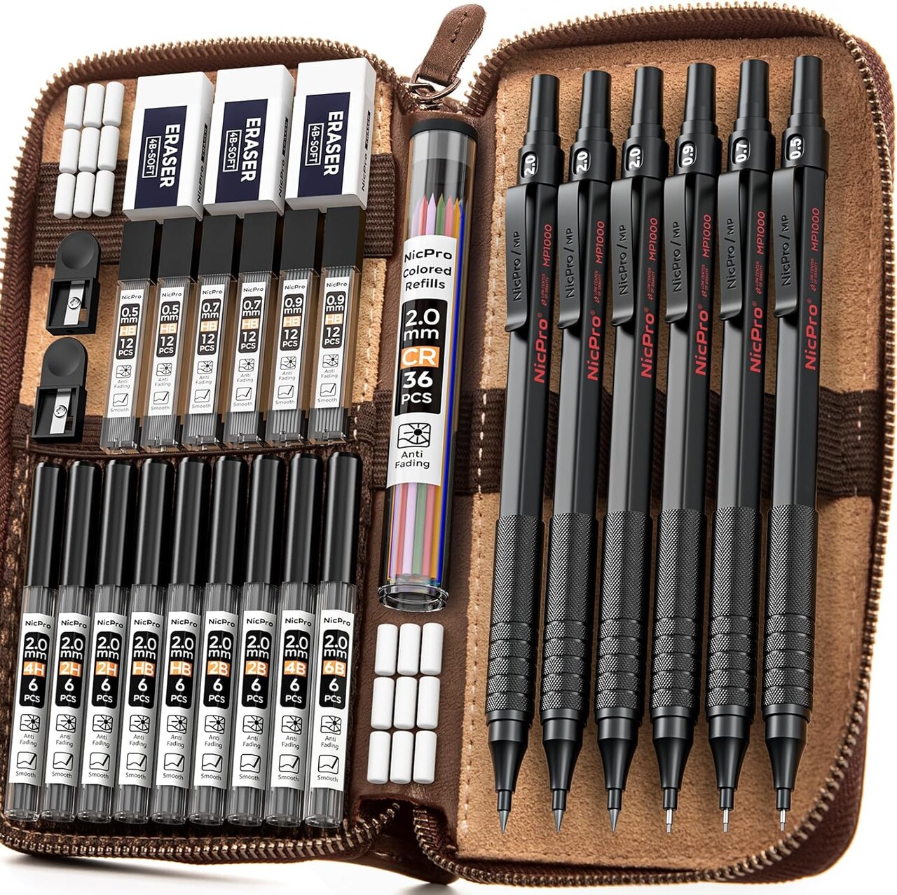 30-Piece Black Metal Mechanical Pencil Set in Leather Case – Drafting Pencils (0.5, 0.7, 0.9 mm) & 2mm Lead Holders with 16 Tubes Lead Refills (6B–4H) for Sketching and Drawing